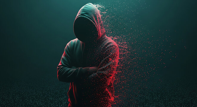 Hooded figure, partially dissolving into red particles against a dark teal background, suggesting concepts of anonymity, digital transformation, or data vulnerability