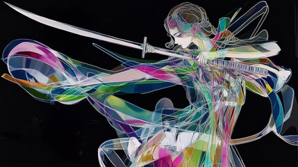 Asian woman with a katana blade in mid-swing, in a bucolic land at night in a black background with twinkling stars, surreal, Spectral acid color geometry X-ray of a woman taking flight in the style o