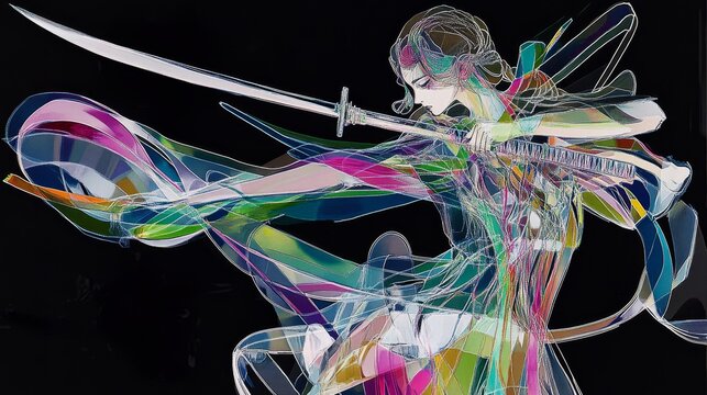Asian woman with a katana blade in mid-swing, in a bucolic land at night in a black background with twinkling stars, surreal, Spectral acid color geometry X-ray of a woman taking flight in the style o