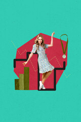 Trend image vertical photo collage of happy businesswoman dance chart medal first place goal...
