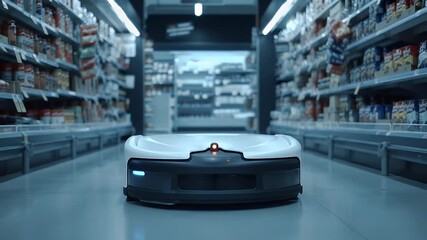 Robotic cart navigates a grocery store aisle, surrounded by stocked shelves - Powered by Adobe