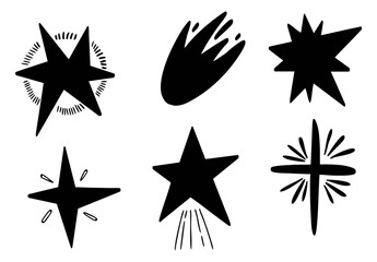 Bold black abstract star shapes and burst forms on white background, hand-drawn silhouettes, minimal graphic design, vector star icons, stylized explosions, sunbursts, dynamic motion lines, sketch-sty