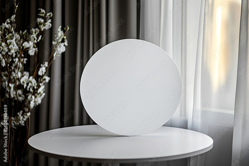 Poster a minimalist interior features a round table with a blank circular display and a delicate white flow