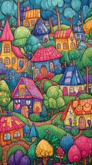 This vibrant illustration features whimsical houses nestled in lush greenery, showcasing colorful roofs and a cheerful atmosphere perfect for creative projects.
