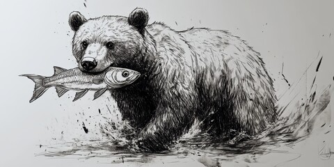A dynamic illustration of a bear catching a fish in a river, highlighting strength and movement. The black-and-white artwork captures the essence of wildlife.