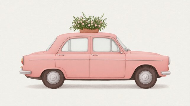 A vintage pink car adorned with blooms evokes quirky nostalgia, perfect for whimsical road trips or Floral Design Day