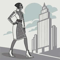 Art Deco Fashionista Strides Before a Sleek Cityscape, Exuding Confidence and Style in this Monochrome Palette