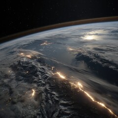 Earth's coastal region at twilight, showing city lights illuminating the dark landscape from space, with clouds and a thin atmospheric layer visible
