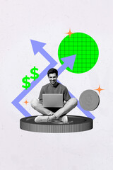 Trend mockup collage of person use gadget increase coins arrow on pastel background