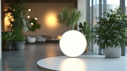 A bright white circular object is placed on a white table in a modern interior with lush green plants and soft