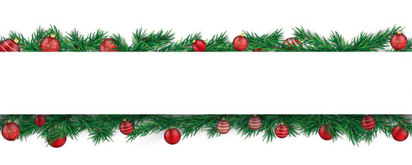 Weihnachtsbanner mit Roten Weihnachtskugeln und grünen Tannenzweigen