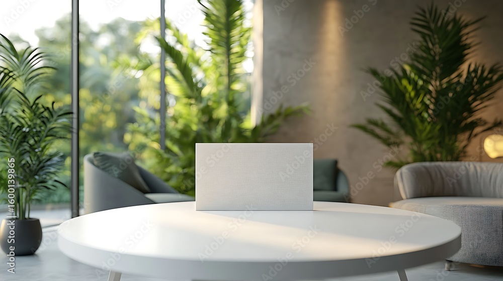 Poster a textured white rectangular card is placed on a white table in a stylish interior with large window