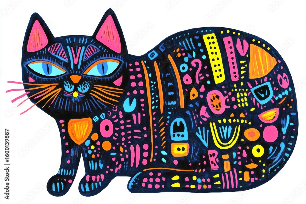 Poster a vibrant illustration of a cat adorned with colorful patterns and whimsical designs, perfect for ad
