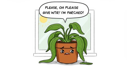 Cartoon illustration of a thirsty potted plant with drooping leaves desperately pleading for water