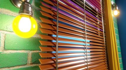 Partially Open Wood Blinds, Green Brick Wall, Yellow Lighting