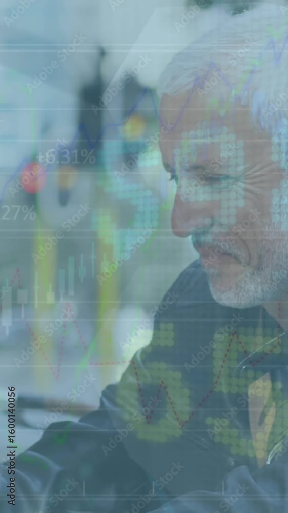 Aufkleber animation of financial data processing over senior caucasian man using smartphone