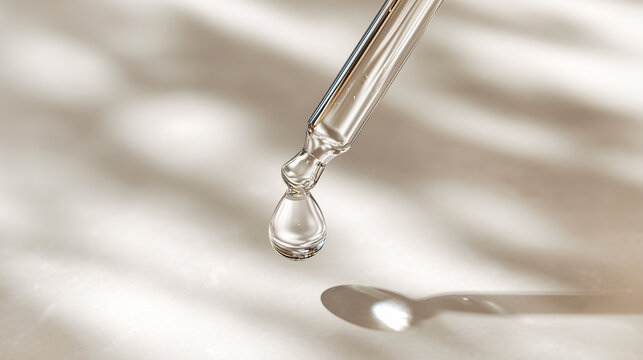 glass pipette with serum falling drop on light background with soft sunlight and shadows