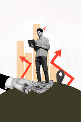 Composite 3D collage trend template design of young man stand work laptop hand hold money banknote...