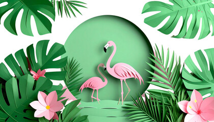 Obraz premium Pink flamingo, floral elements and spring nature illustration isolated on white background 