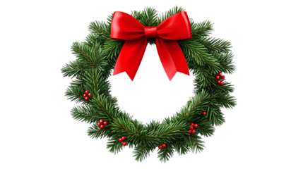 • A festive Christmas wreath with a red bow, isolated on white background in HD 