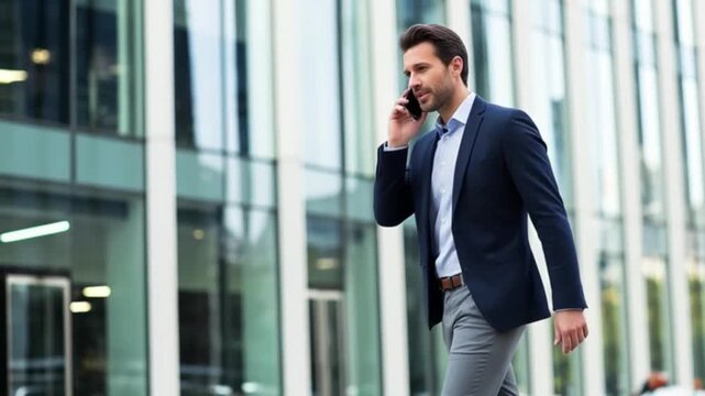 Confident professional businessman talking on a phone call while walking outdoors - Powered by Adobe
