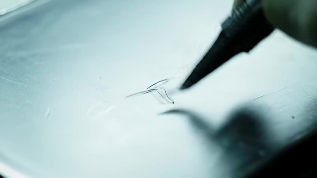 Calligraphy pen tip touches surface, creating ripple effect, soft blue-white light
