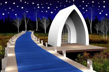 Nighttime chapel on a boardwalk path