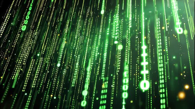 Futuristic green code matrix streaming across black screen in digital style. 