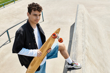 Young man enjoys a sunny day at the park while holding his skateboard with confidence