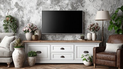 Stylish living room interior with a flat screen television.