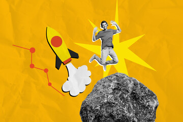 Art sketch image vertical collage of happy spaceman jump stone rocket fly project startup progress...