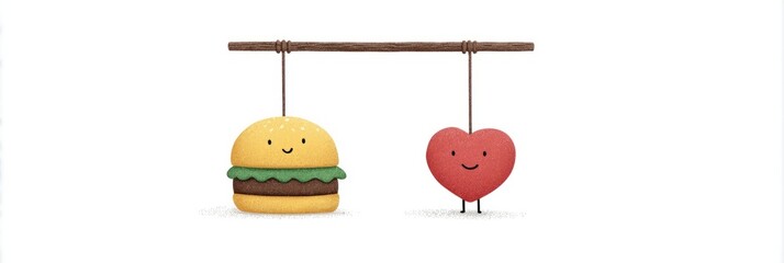 Cheerful burger and heart tango on a tightrope, celebrating World Laughter Day and International Food Festival with whimsy
