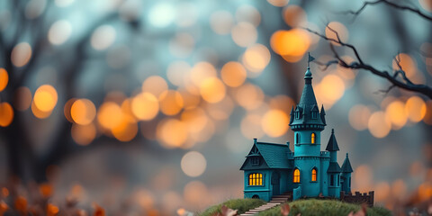 Small castle model in park, surrounded by vibrant bokeh effect for Halloween