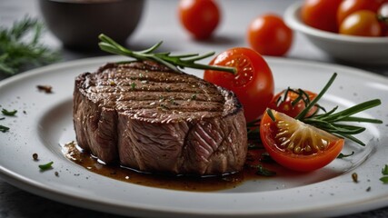 cooked steak on a white plate. The steak is medium rare, with a juicy, brown exterior and a slightly pink center. It is garnished with finely chopped herbs and surrounded halves of cherry tomatoes
