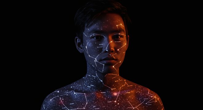Celestial portrait: A luminous depiction of a man adorned with constellations and cosmic wonders
