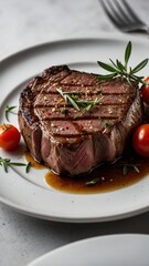 Vertical banner, wallpaper for social media of cooked steak on a white plate. The steak is medium rare, with a juicy, brown exterior and a slightly pink center. It is garnished with finely