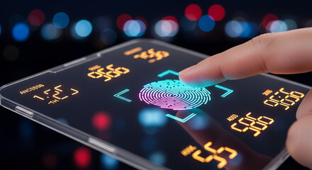 Finger scans fingerprint on futuristic transparent phone screen, glowing neon lines, digital numbers background, showcasing modern technology security concept