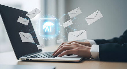 "Businessman Using Laptop with Artificial Intelligence Icon and Digital Emails Flying in Futuristic Network Environment