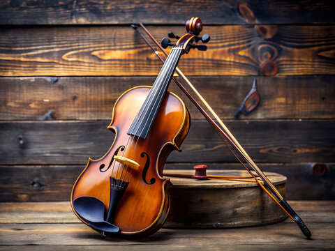 Acoustic violin and bow resting on a rustic wooden surface