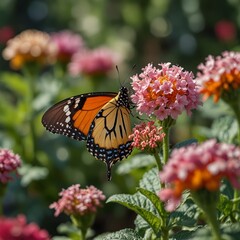 Obraz premium colorful butterfly is playing with a bee in the flower garden