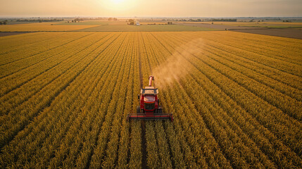 Top view of endless golden rice fields, harvesters, sunset.