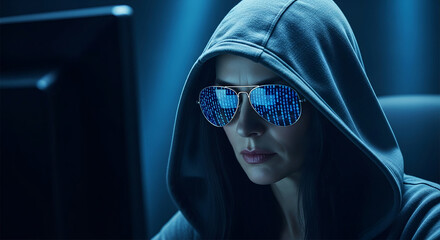 Woman in hoodie and sunglasses reflecting binary code, working on computer in dark setting, symbolizing mystery, technology, and data security