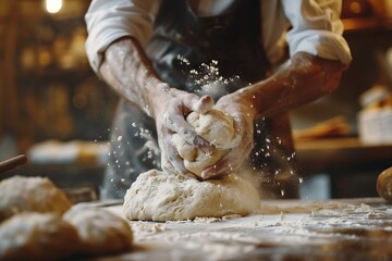 Close up of baker kneading dough on a floured surface in a warm lit bakery environment scene