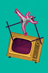 Exclusive art banner collage of astonished pinup girl wear dotted dress stand tv screen 3d cinema...