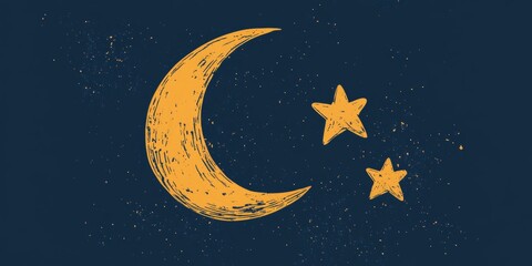 Naklejka premium This artistic illustration features a crescent moon and two stars on a dark blue background, evoking a sense of peace and tranquility. Perfect for various creative projects.