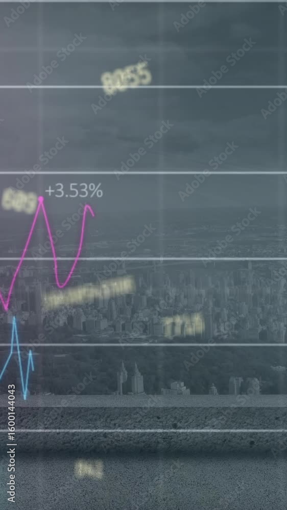 Poster animation of changing numbers and statistical data processing against aerial view of cityscape