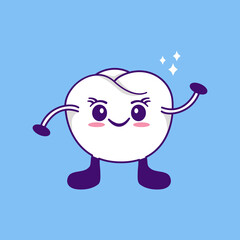 Vector illustration of a happy smiling tooth cartoon character designed in a simple flat style. Tooth icon with a smiling expression.