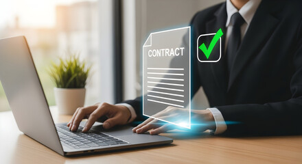 "Business Professional Working on Digital Contract with Contract Approval Badge on Laptop Screen"