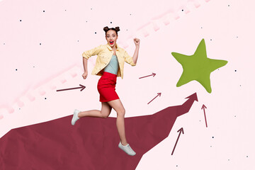 Art image creative photo collage of happy businessman businesswoman stand arrow development star...