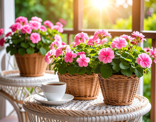 Obraz premium Enjoying a Warm Coffee in a Sunroom Filled with Pink Geraniums Cozy Indoor Setting Natural Light